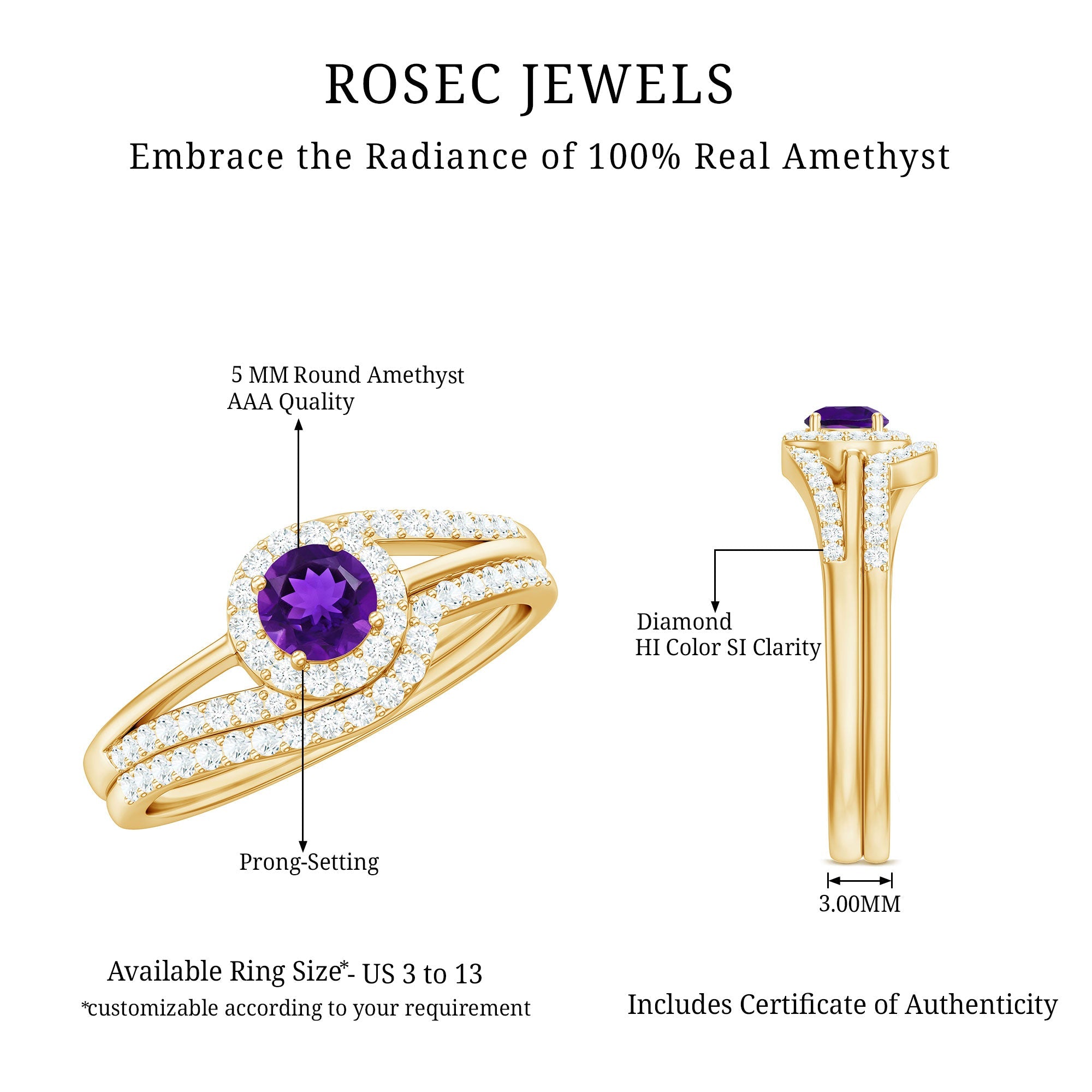 0.4 Carat Natural Amethyst Diamond Wedding Bridal Ring Set of 2
