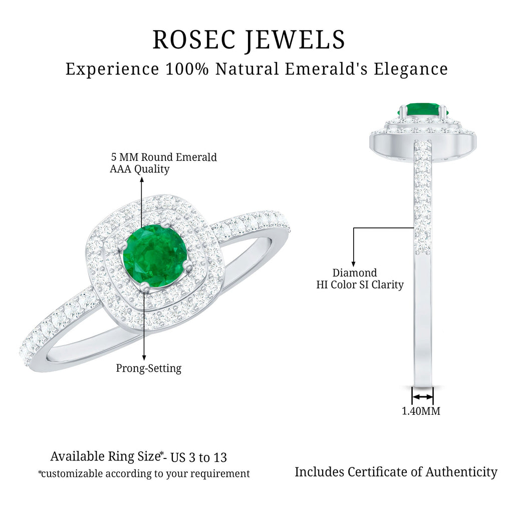 Round Emerald and Diamond Double Halo Engagement Ring