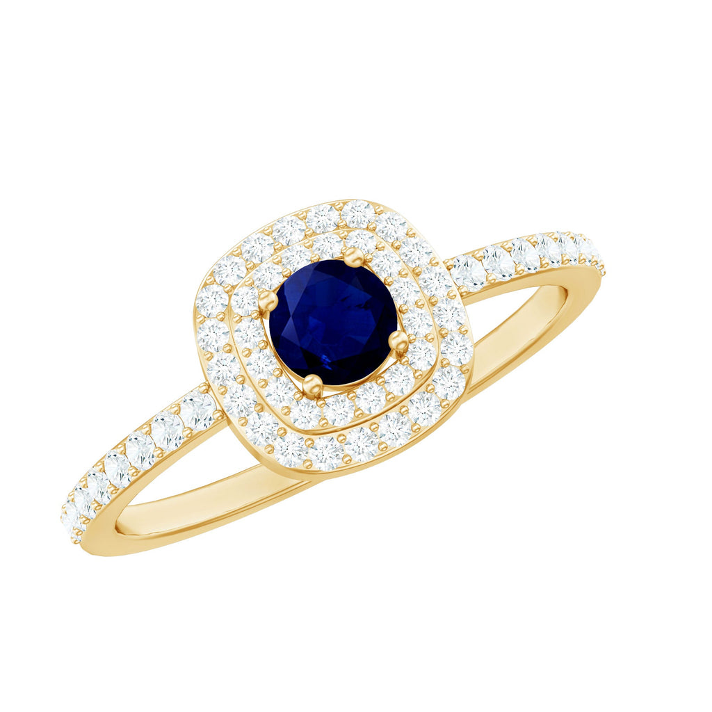 0.4 Carat Classic Blue Sapphire Double Halo Engagement Ring with Diamond