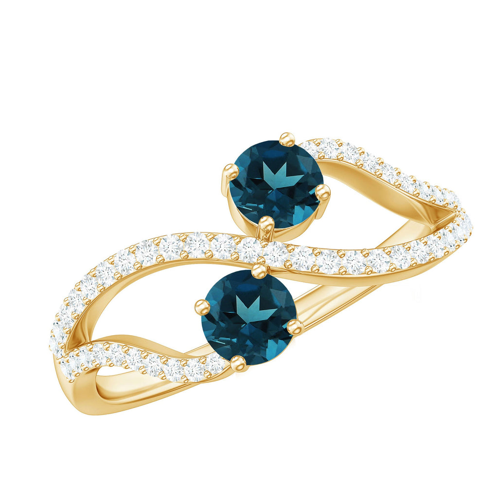 Natural London Blue Topaz 2 Stone Promise Ring with Diamond