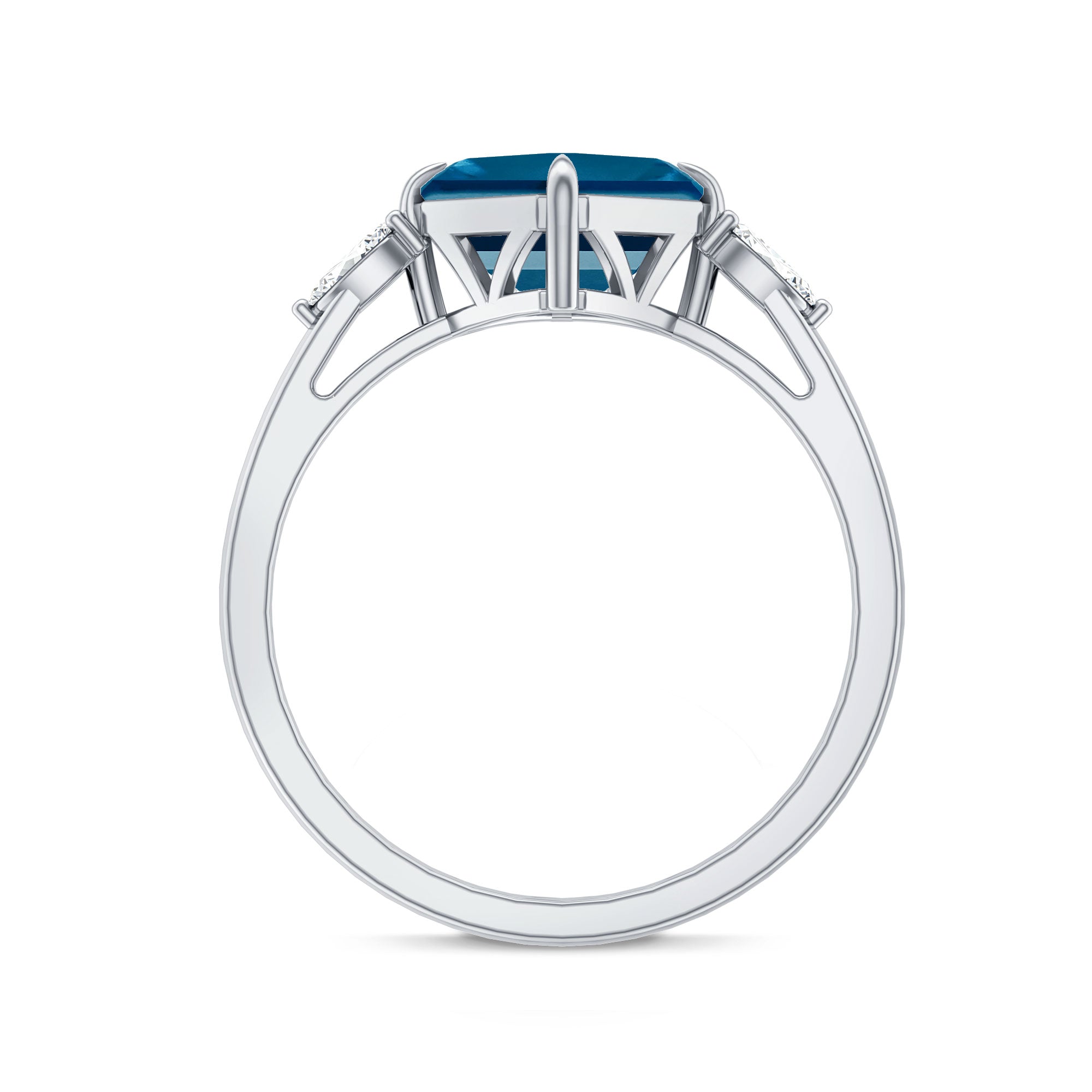 3 Carat Asscher Cut London Blue Topaz Diagonal Solitaire Ring with Marquise Diamond
