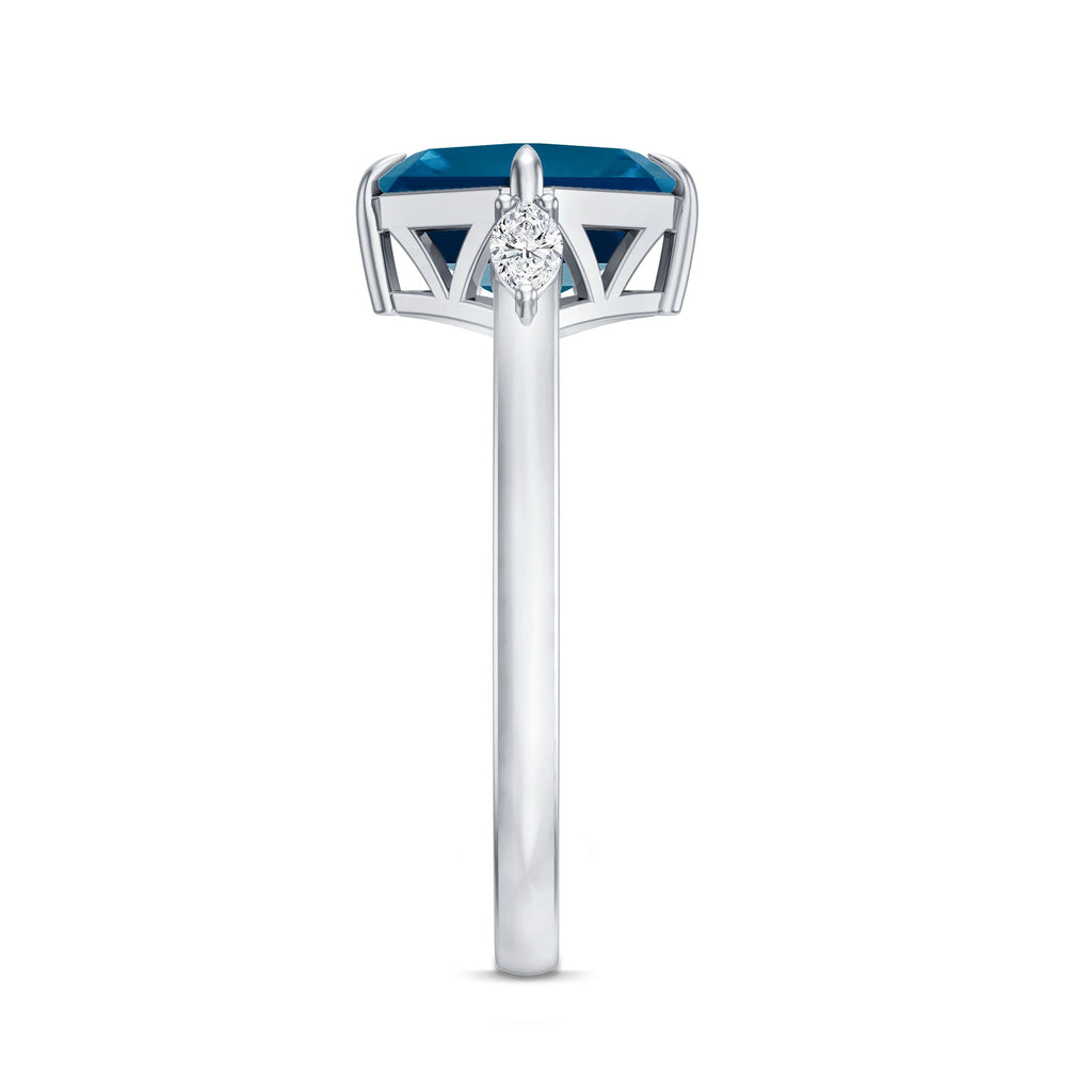 3 Carat Asscher Cut London Blue Topaz Diagonal Solitaire Ring with Marquise Diamond