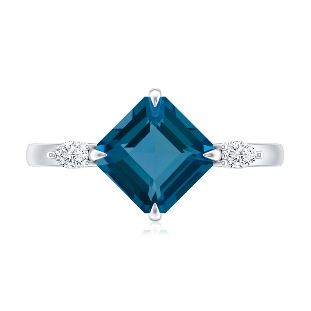 3 Carat Asscher Cut London Blue Topaz Diagonal Solitaire Ring with Marquise Diamond