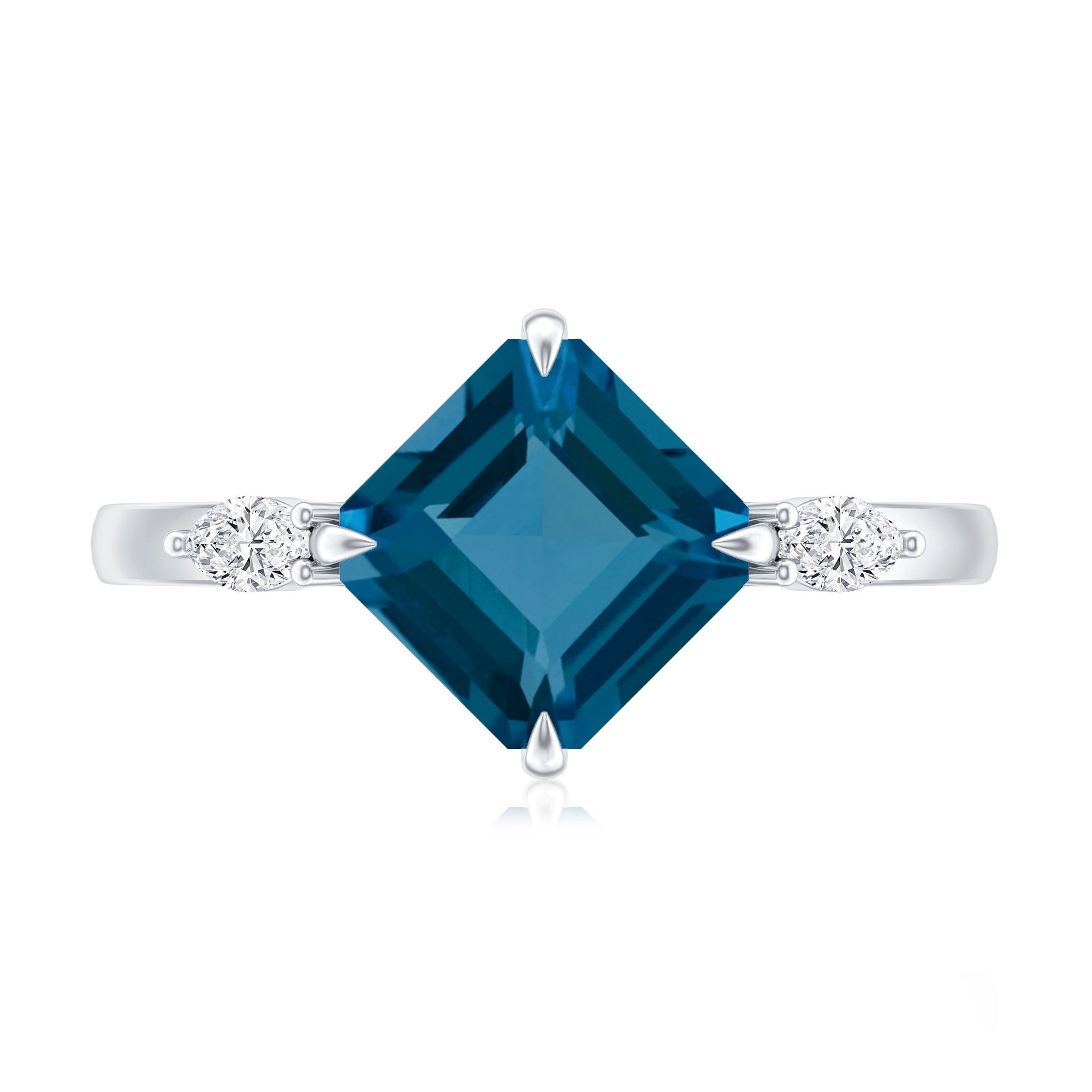 3 Carat Asscher Cut London Blue Topaz Diagonal Solitaire Ring with Marquise Diamond