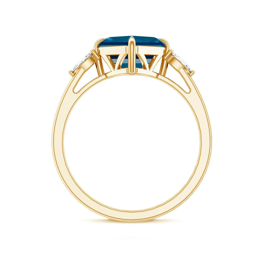 3 Carat Asscher Cut London Blue Topaz Diagonal Solitaire Ring with Marquise Diamond
