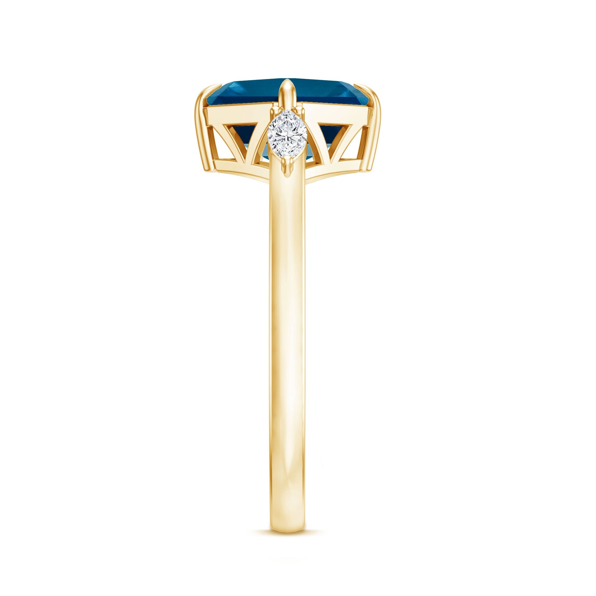 3 Carat Asscher Cut London Blue Topaz Diagonal Solitaire Ring with Marquise Diamond