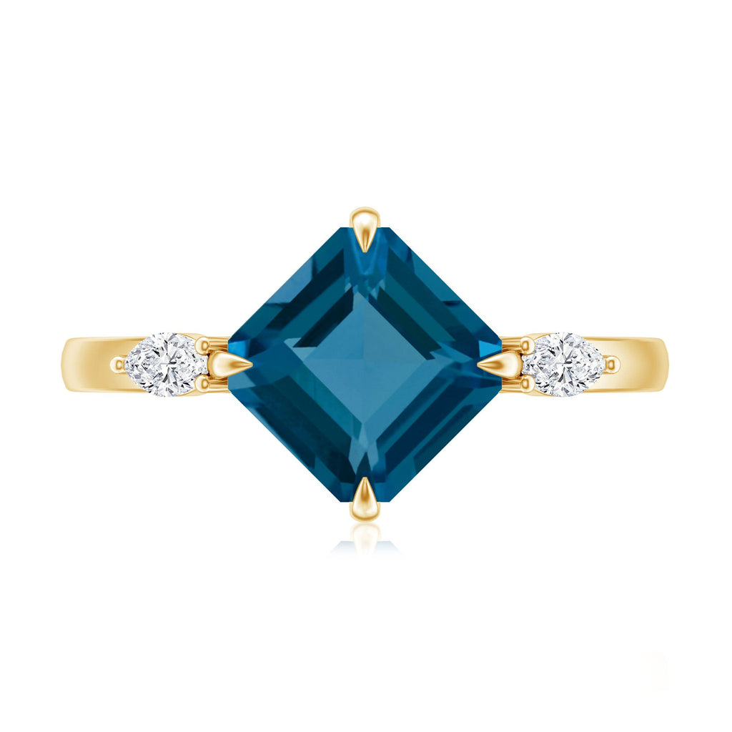 3 Carat Asscher Cut London Blue Topaz Diagonal Solitaire Ring with Marquise Diamond