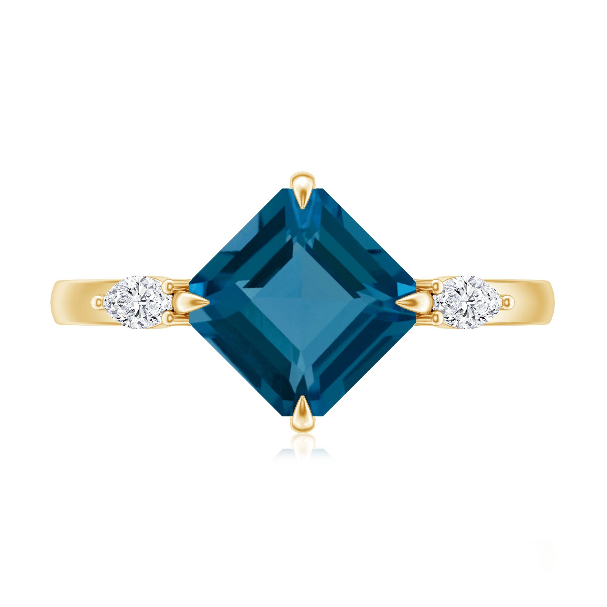 3 Carat Asscher Cut London Blue Topaz Diagonal Solitaire Ring with Marquise Diamond