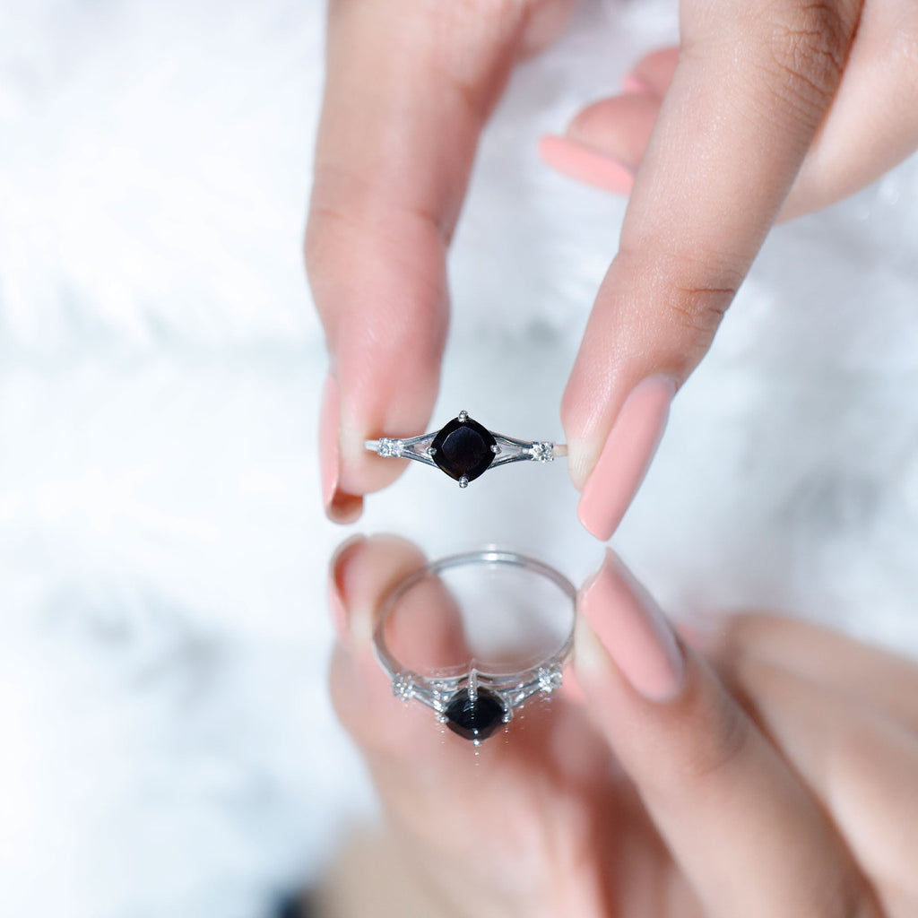 Cushion Black Onyx Split Shank Engagement Ring with Diamond