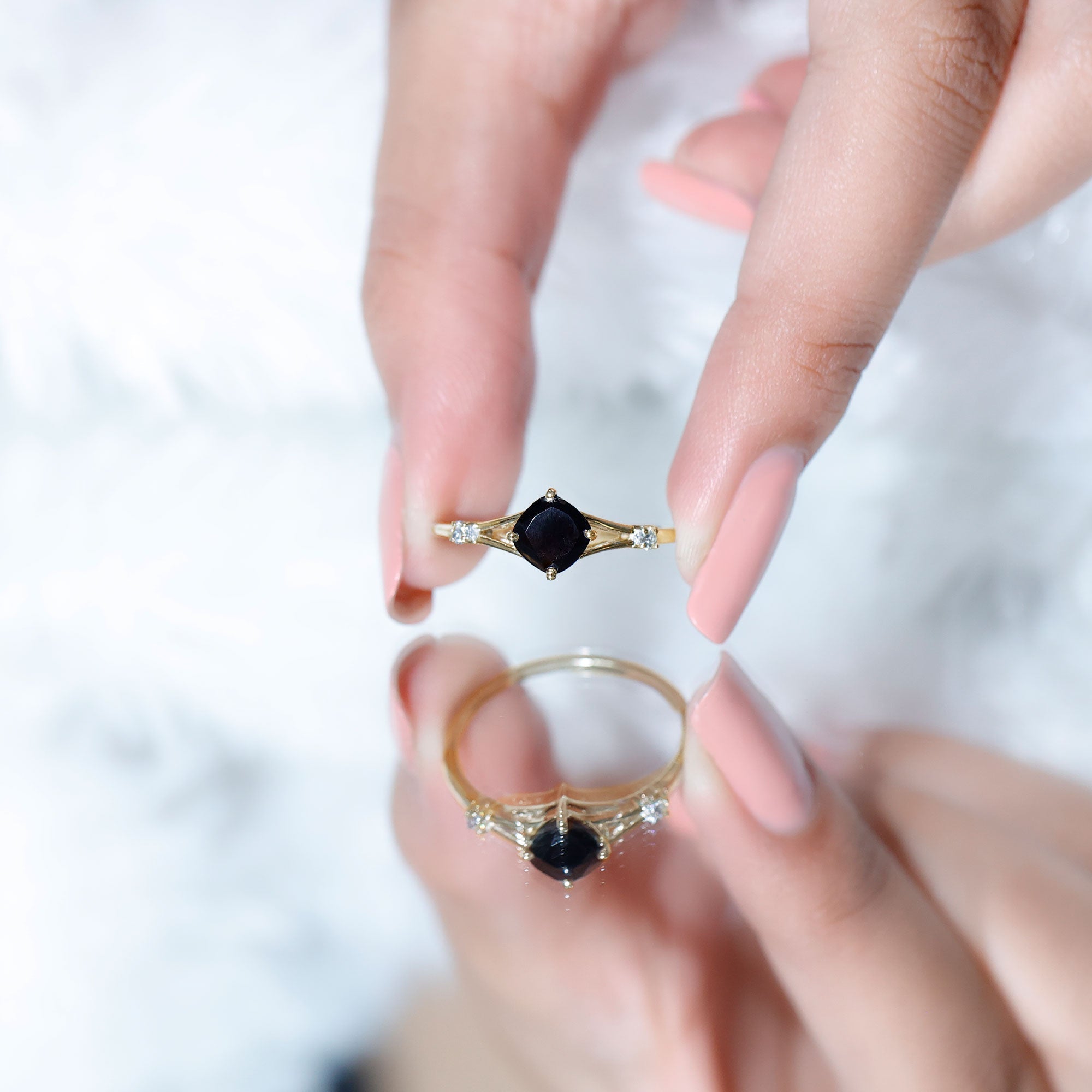 Cushion Black Onyx Split Shank Engagement Ring with Diamond