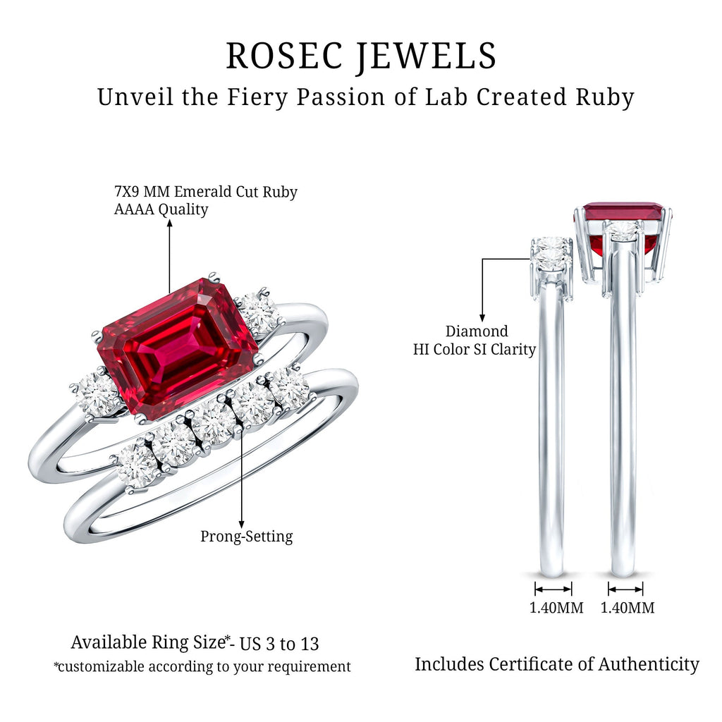 East West Set Emerald Cut Lab Ruby Engagement Ring with Diamond Wedding Band