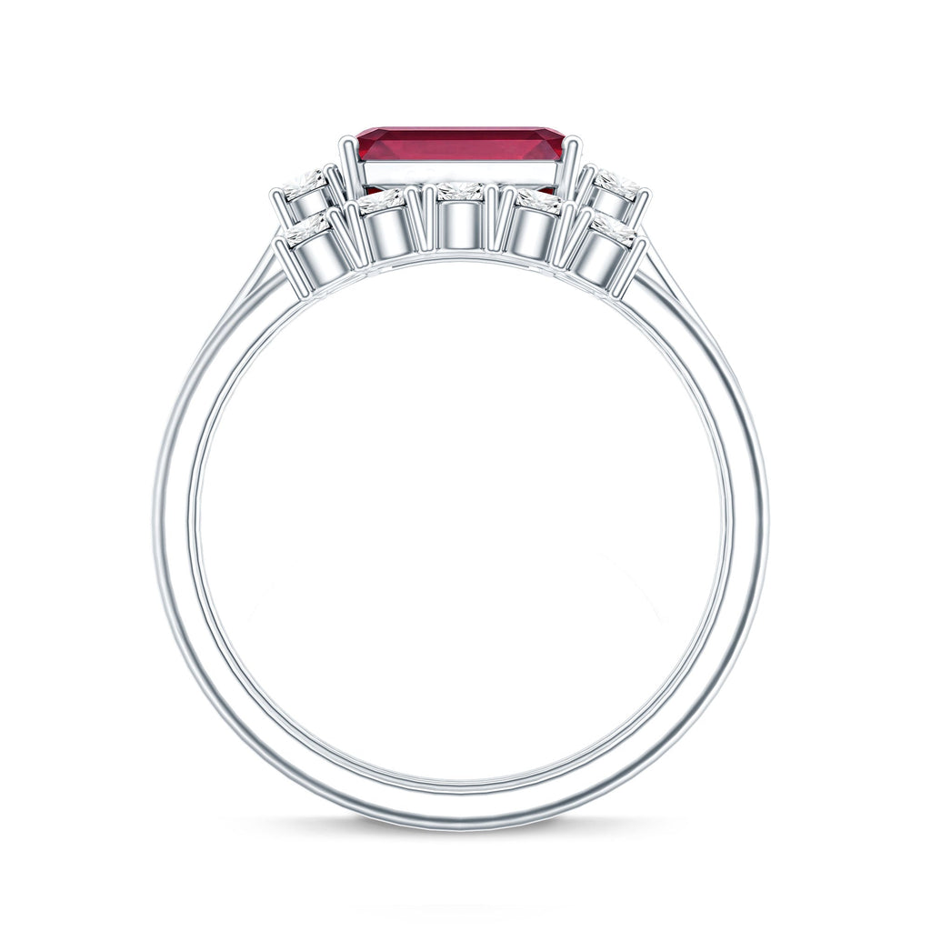 East West Set Emerald Cut Lab Ruby Engagement Ring with Diamond Wedding Band