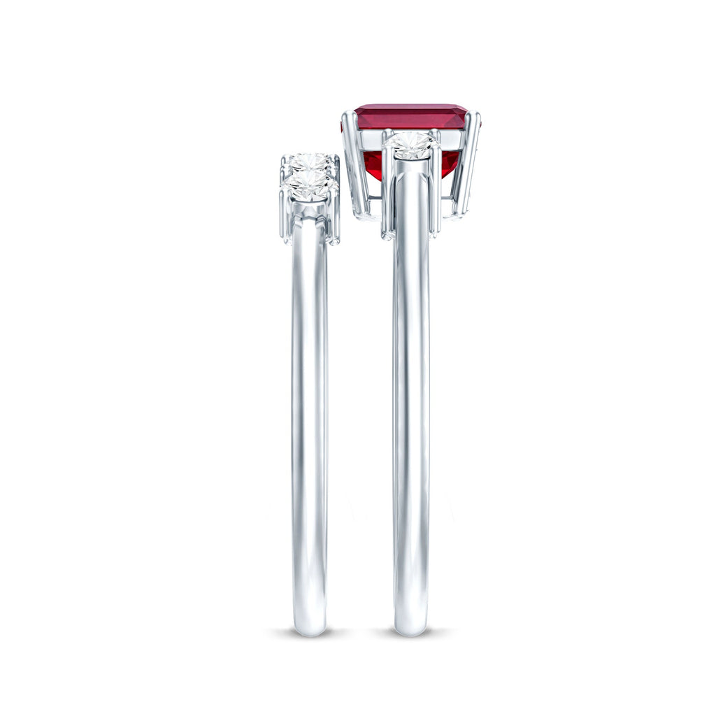 East West Set Emerald Cut Lab Ruby Engagement Ring with Diamond Wedding Band