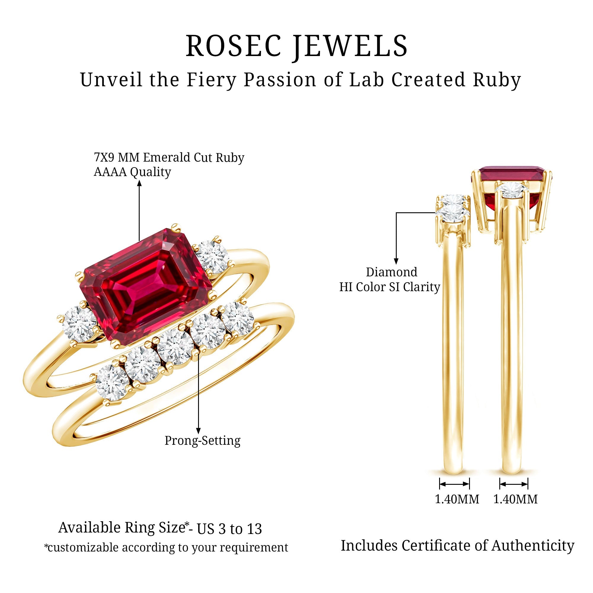 East West Set Emerald Cut Lab Ruby Engagement Ring with Diamond Wedding Band