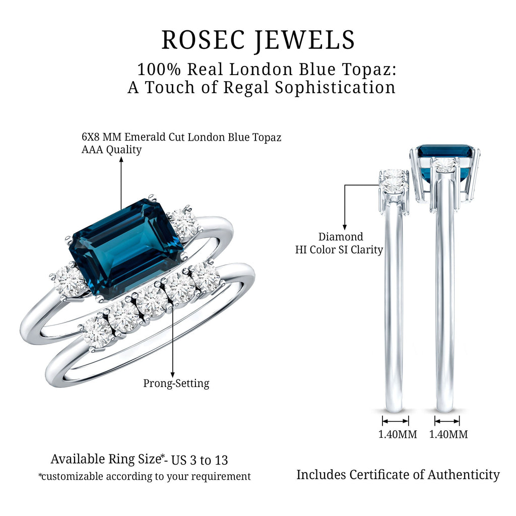 Genuine Emerald Cut London Blue Topaz Engagement Ring with Diamond Wedding Band