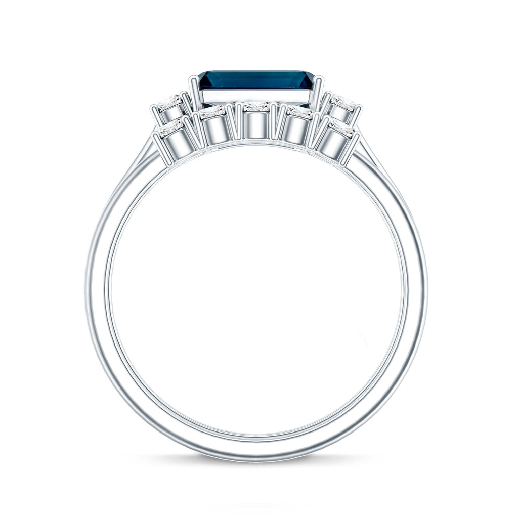 Genuine Emerald Cut London Blue Topaz Engagement Ring with Diamond Wedding Band