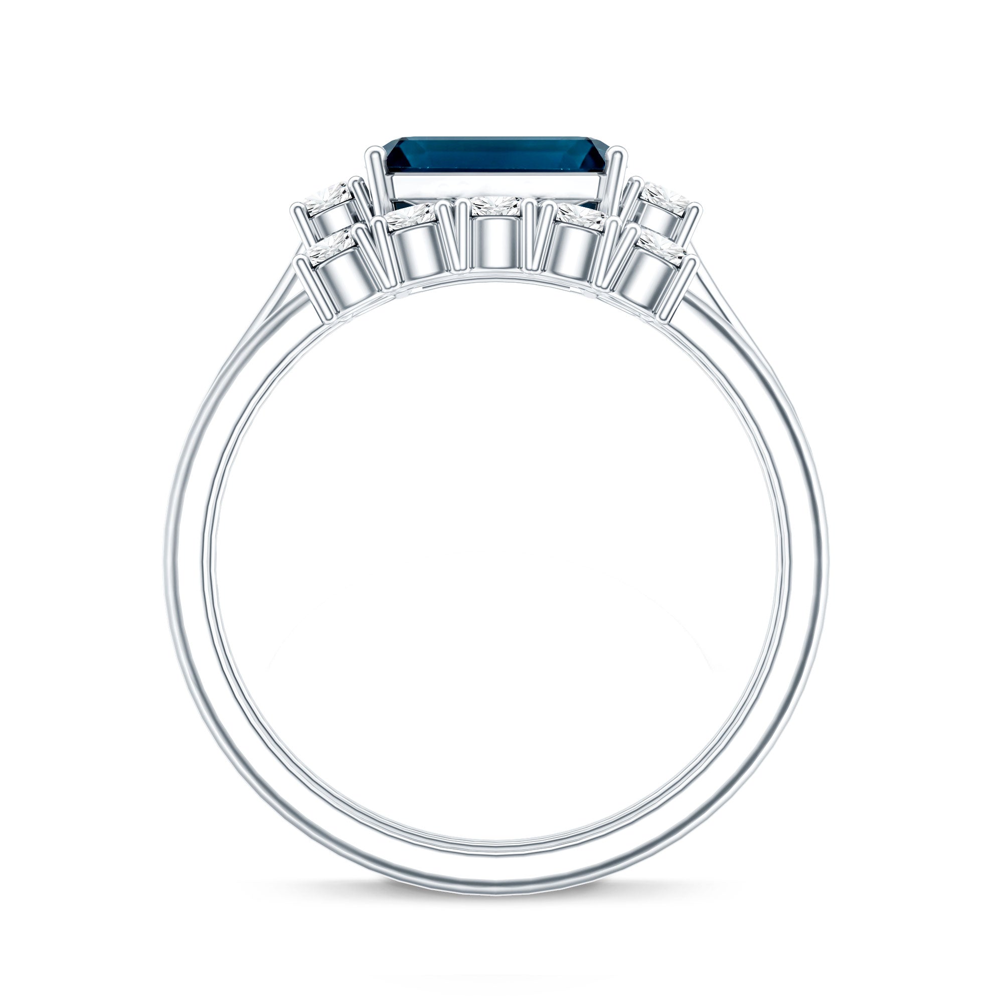 Genuine Emerald Cut London Blue Topaz Engagement Ring with Diamond Wedding Band