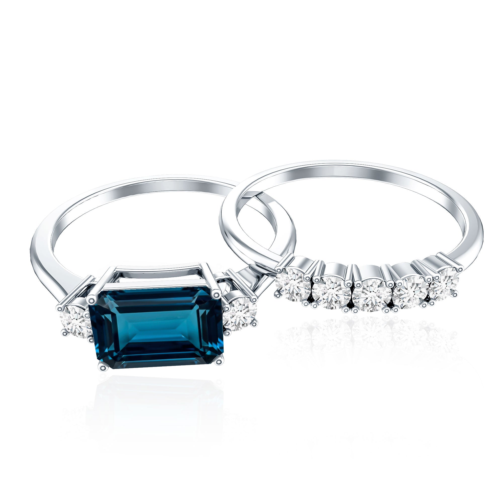 Genuine Emerald Cut London Blue Topaz Engagement Ring with Diamond Wedding Band