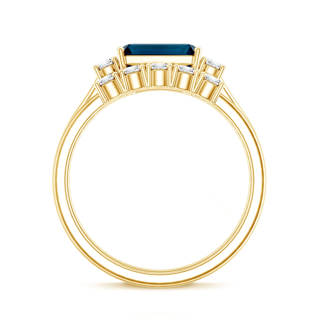 Genuine Emerald Cut London Blue Topaz Engagement Ring with Diamond Wedding Band