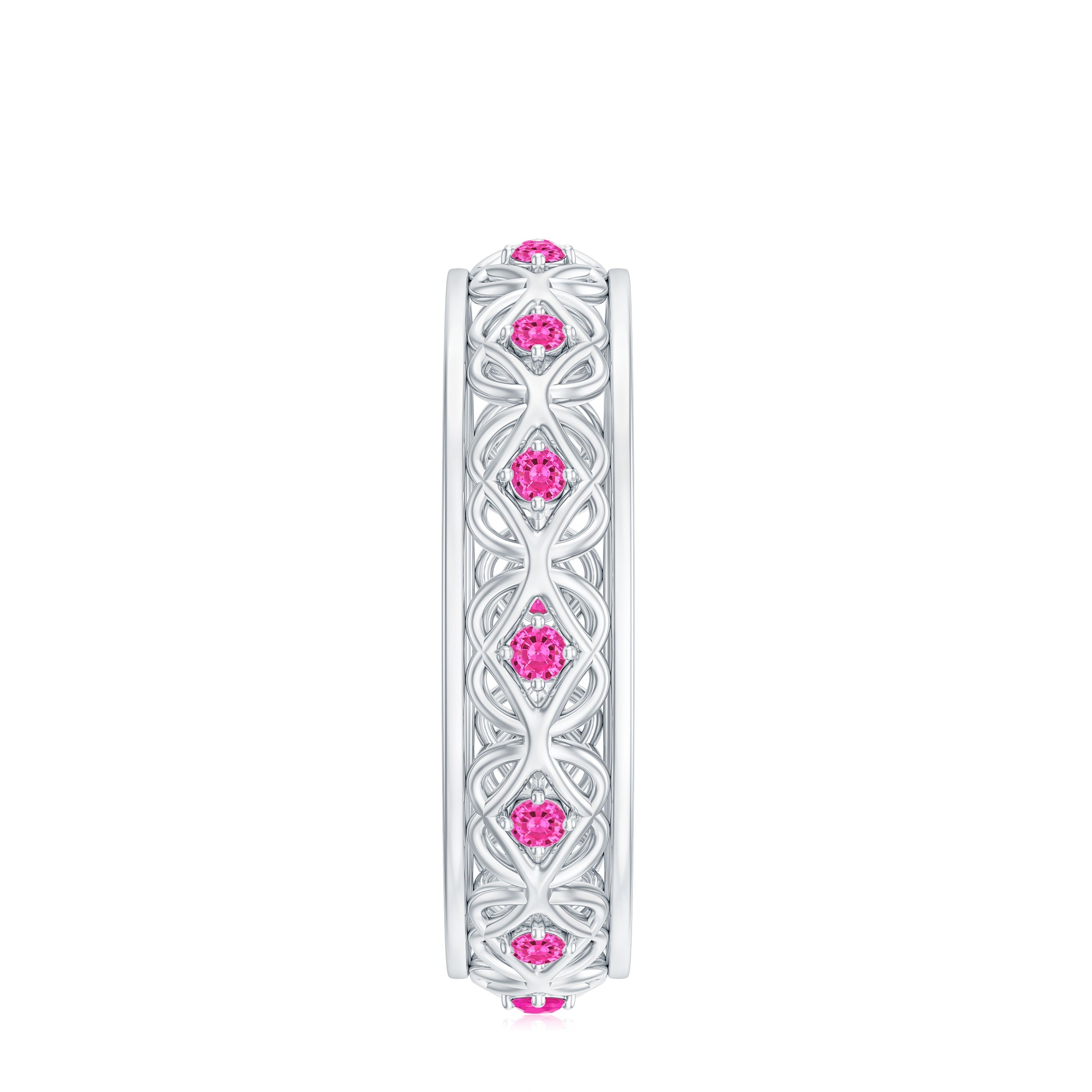 Lab Created Pink Sapphire Wedding Band with Celtic Details