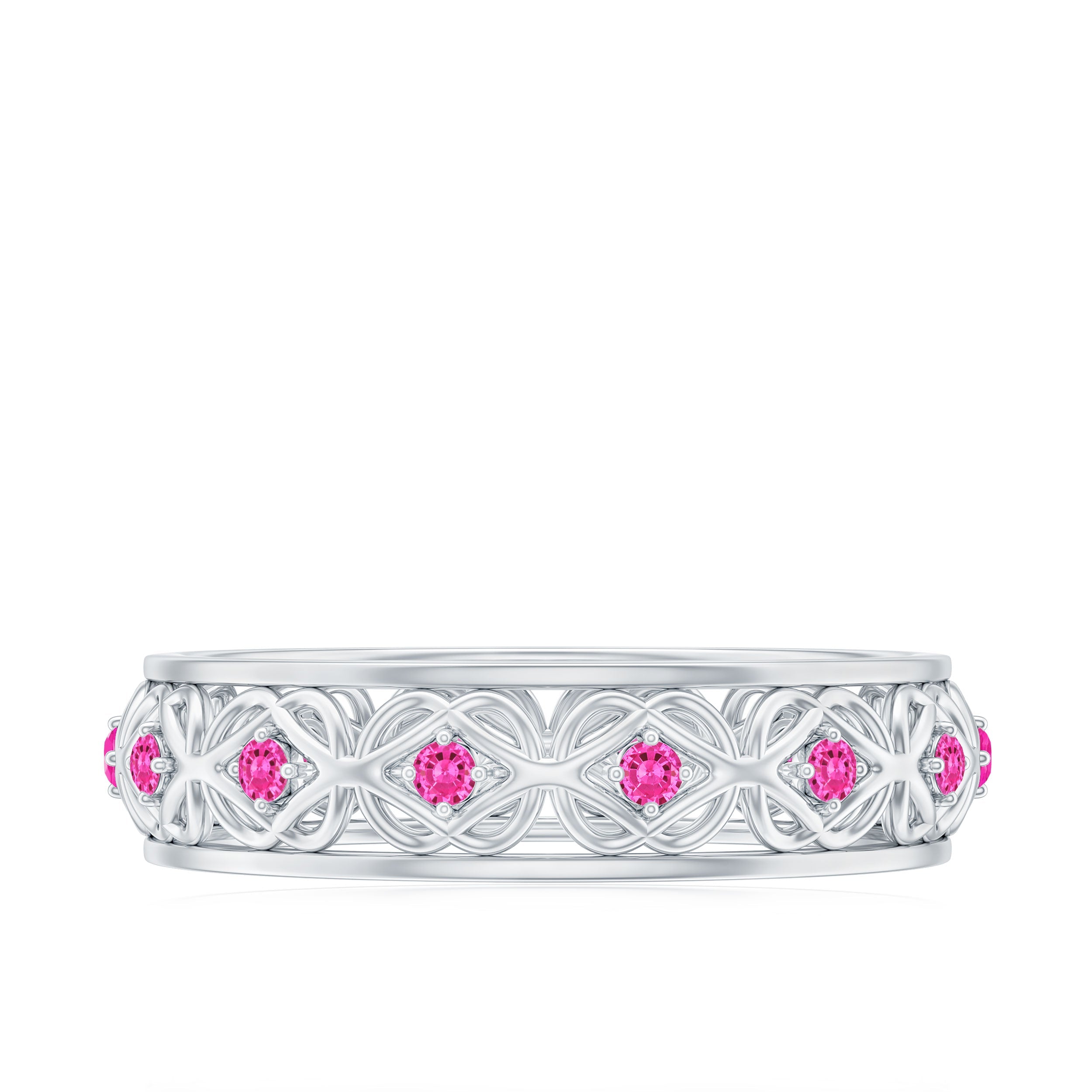 Lab Created Pink Sapphire Wedding Band with Celtic Details