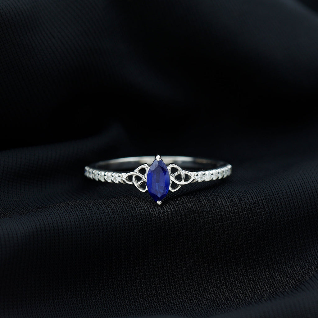 Certified 0.7 Carat Lab Grown Blue Sapphire Diamond Marquise Engagement Ring with Celtic Knot