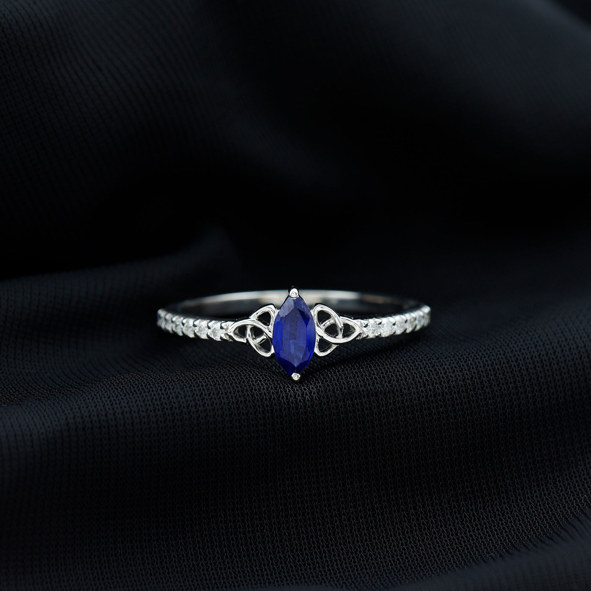 Certified 0.7 Carat Lab Grown Blue Sapphire Diamond Marquise Engagement Ring with Celtic Knot