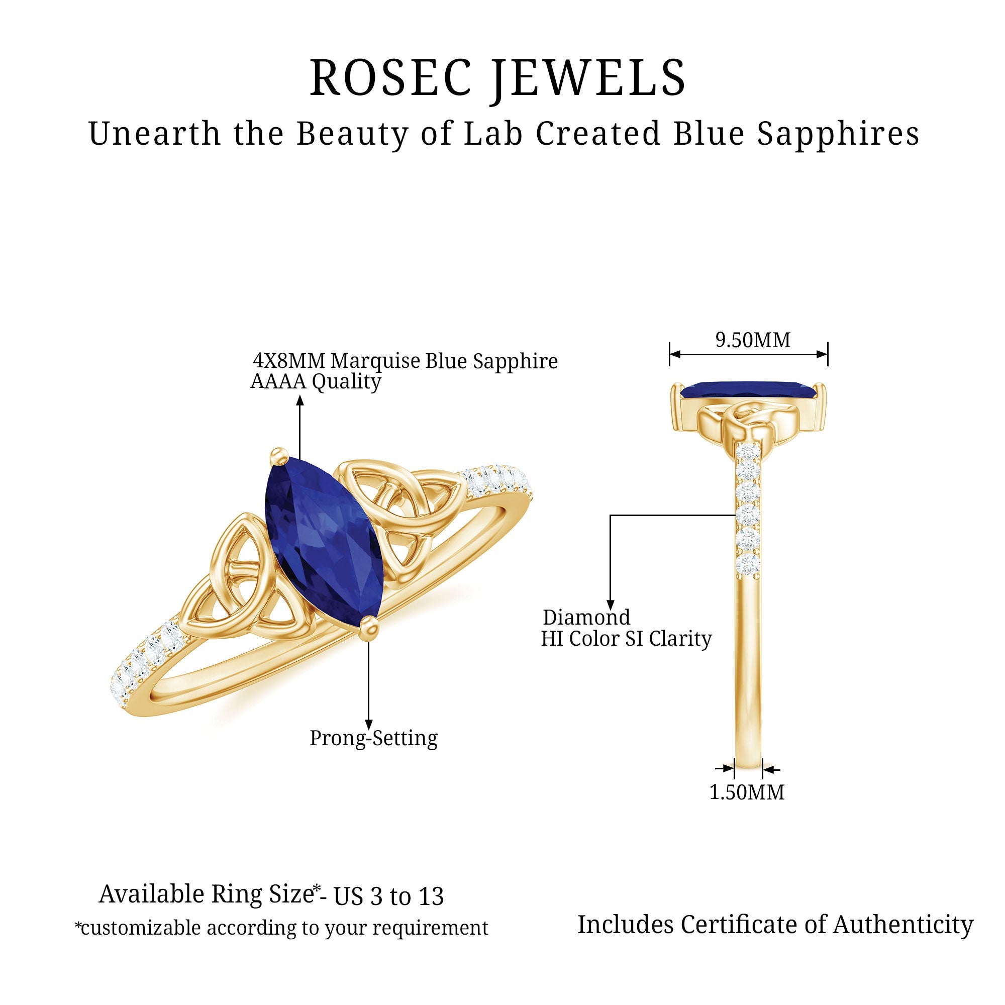 Certified 0.7 Carat Lab Grown Blue Sapphire Diamond Marquise Engagement Ring with Celtic Knot