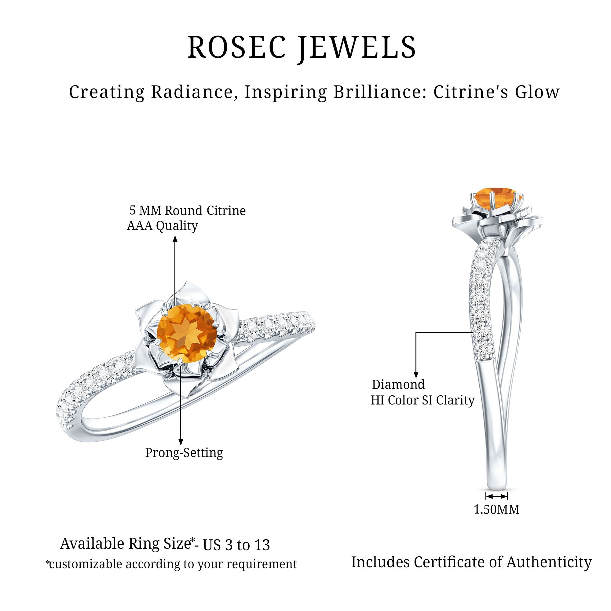 Certified Real Citrine Flower Engagement Ring with Diamond