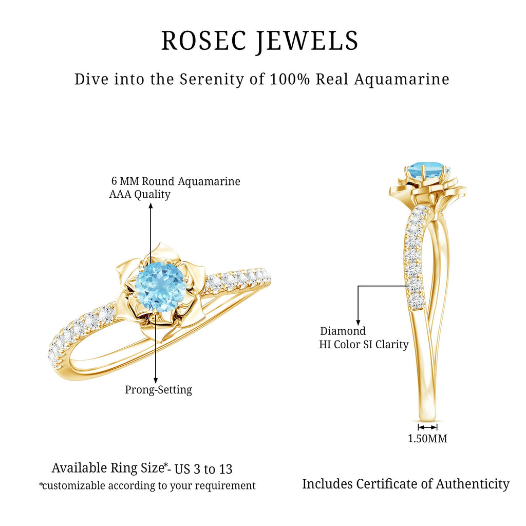 Floral Inspired Aquamarine Rose Engagement Ring with Diamond