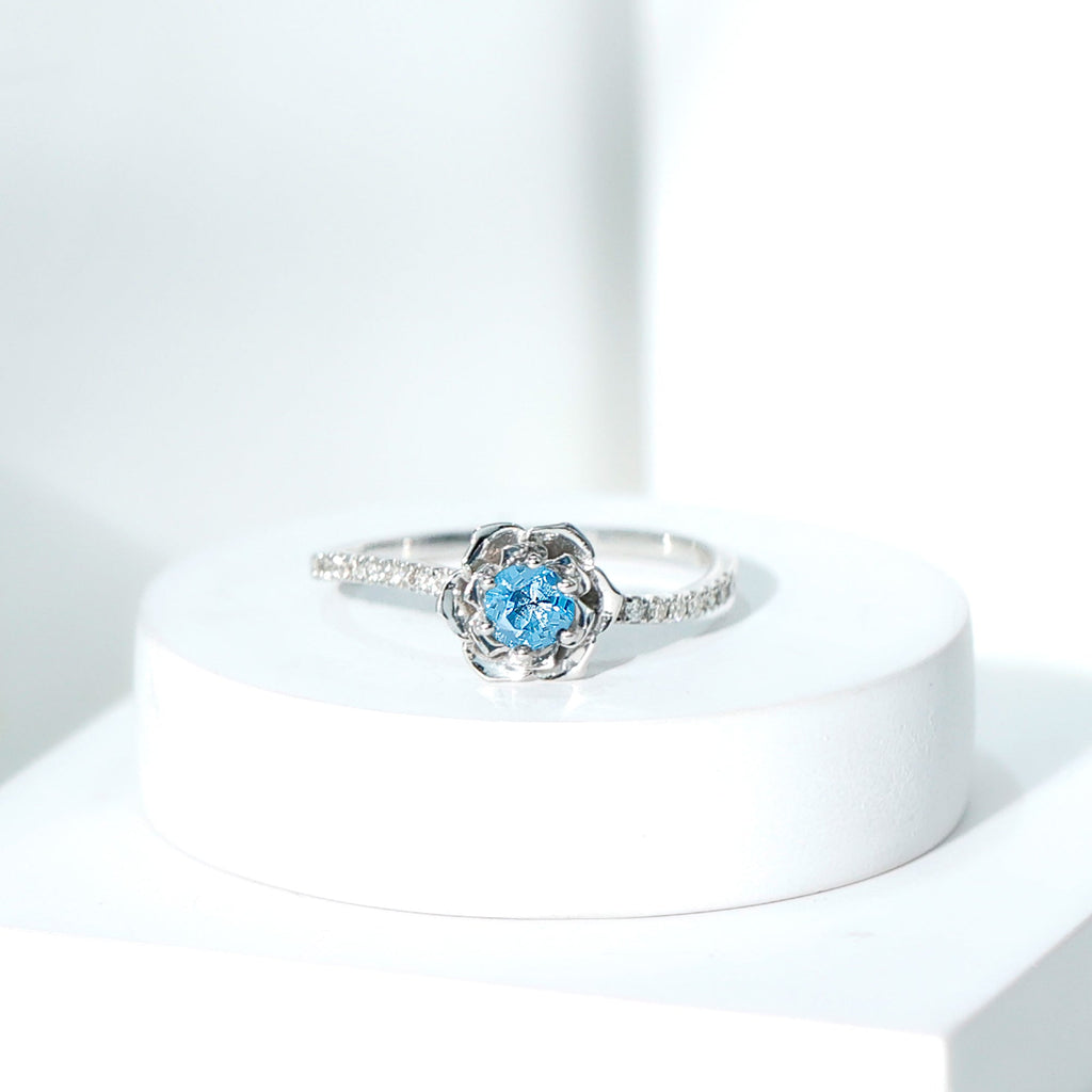0.6 Carat Round London Blue Topaz Floral Engagement Ring with Diamond