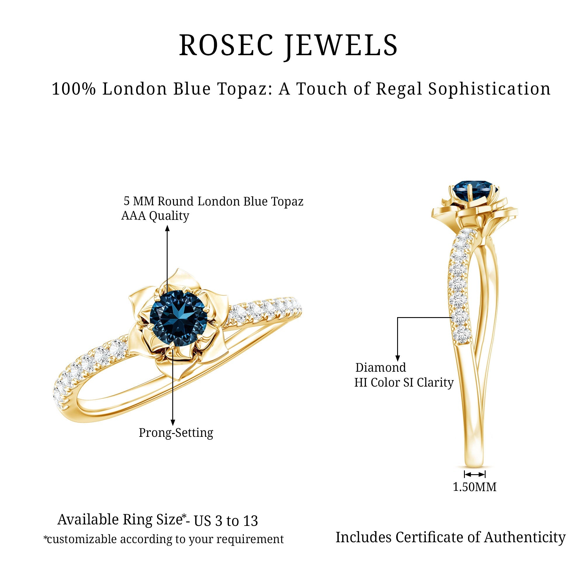 0.6 Carat Round London Blue Topaz Floral Engagement Ring with Diamond