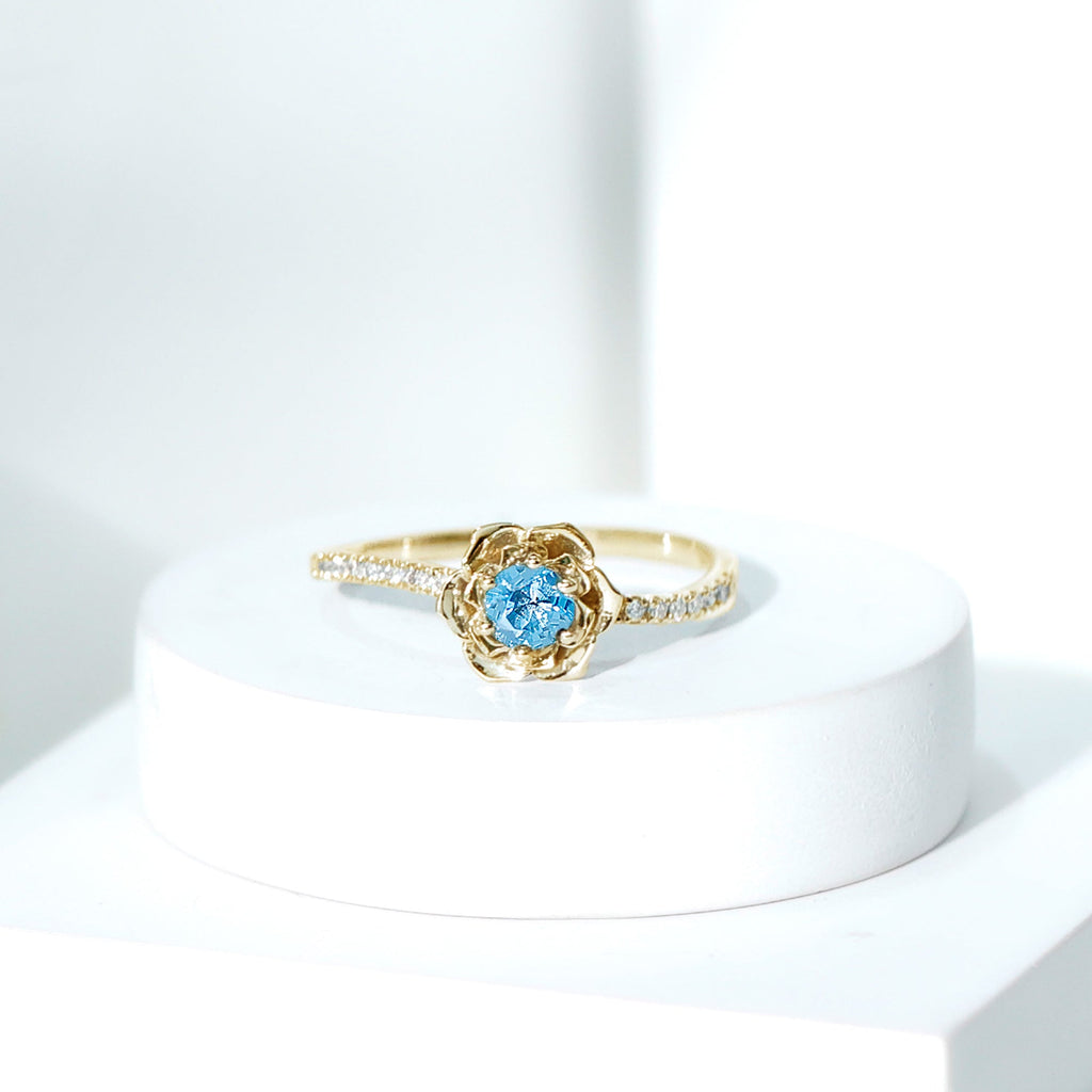 0.6 Carat Round London Blue Topaz Floral Engagement Ring with Diamond