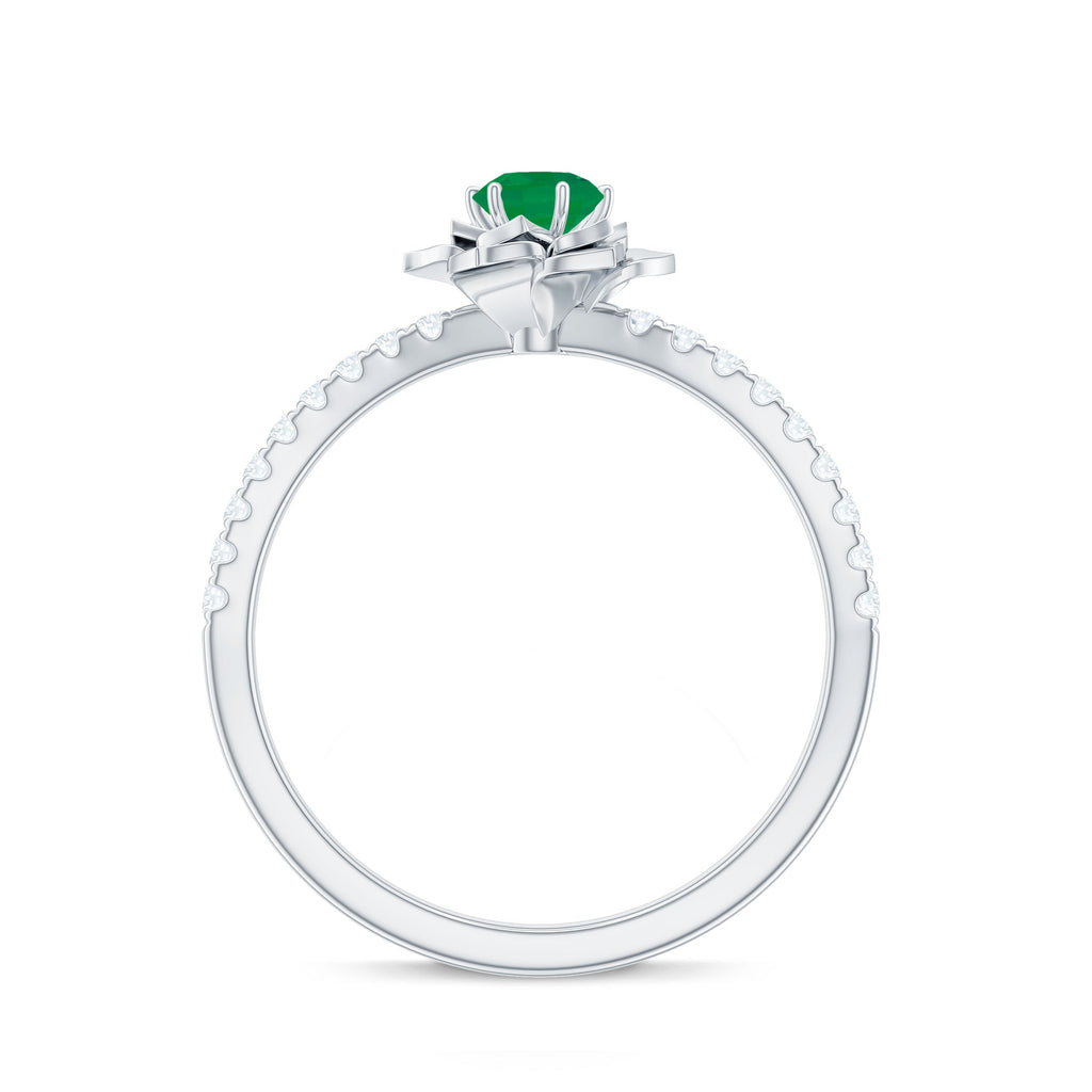 Genuine Emerald Flower Engagement Ring with Diamond