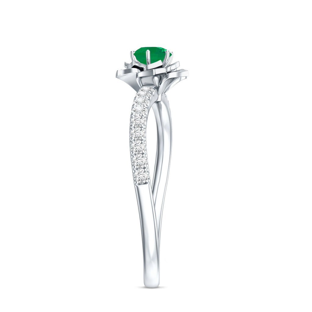 Genuine Emerald Flower Engagement Ring with Diamond