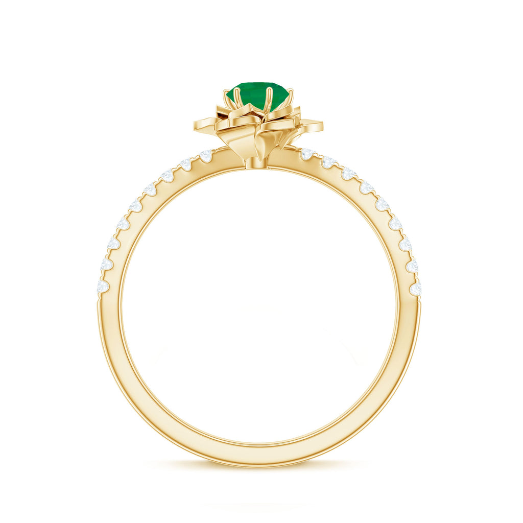 Genuine Emerald Flower Engagement Ring with Diamond