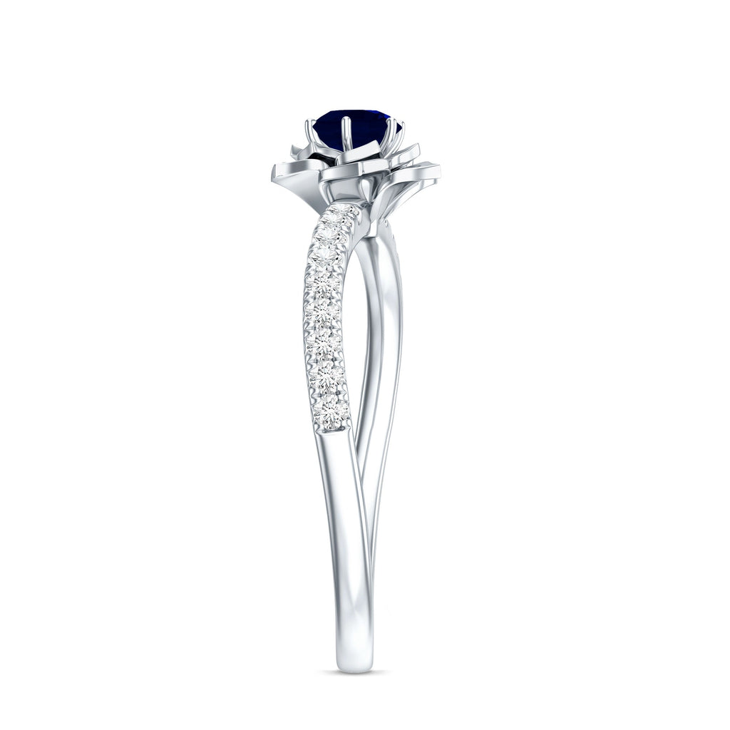 Real 0.9 Carat Blue Sapphire Rose Flower Engagement Ring with Diamond