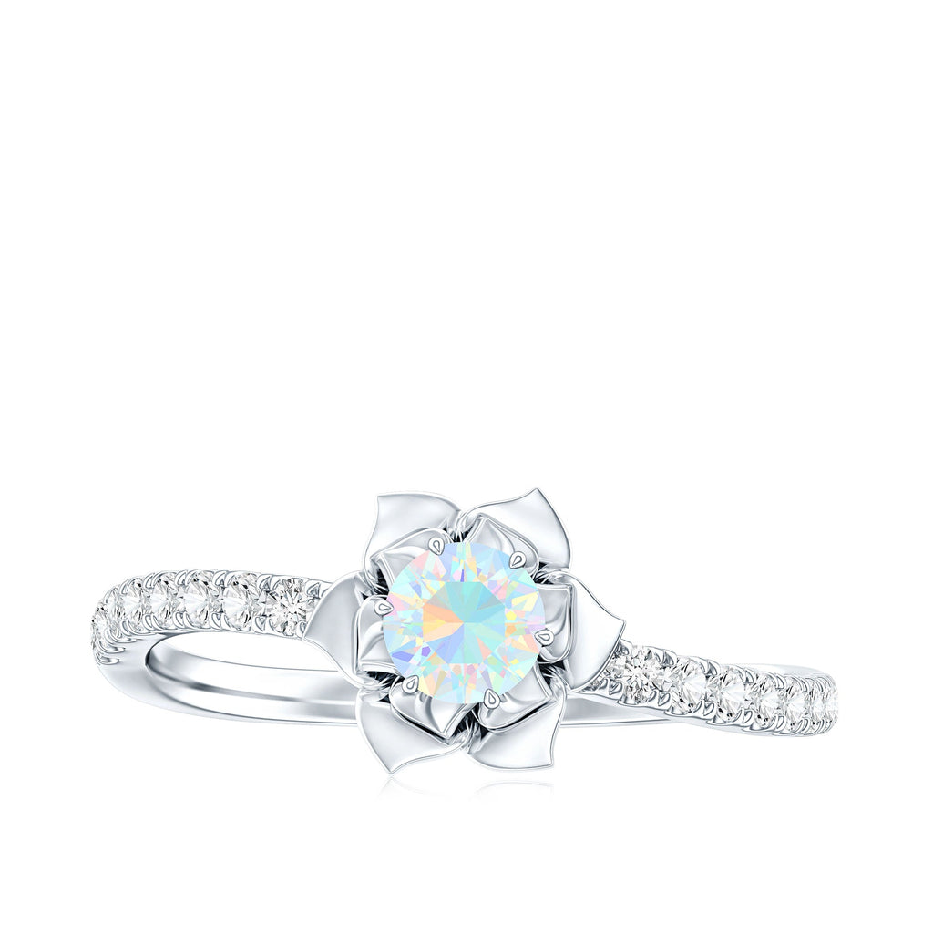 Natural Ethiopian Opal Floral Engagement Ring with Diamond Side Stones