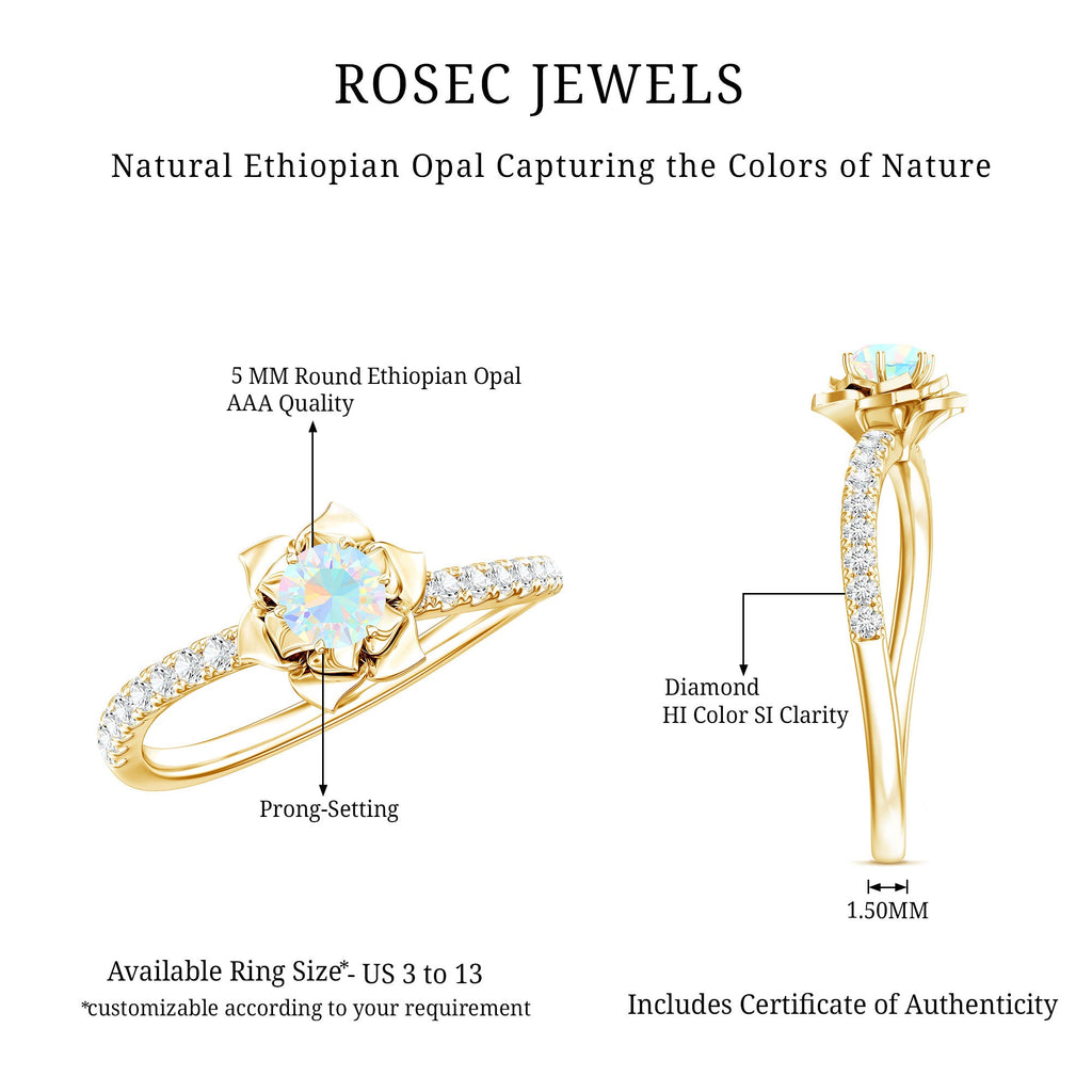 Natural Ethiopian Opal Floral Engagement Ring with Diamond Side Stones