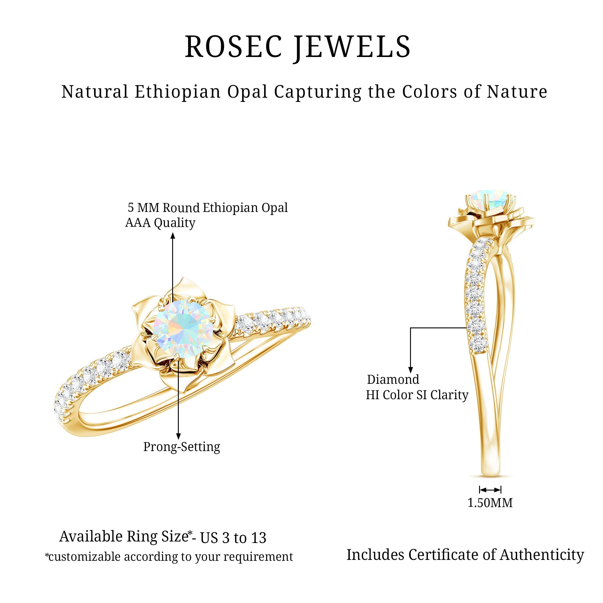 Natural Ethiopian Opal Floral Engagement Ring with Diamond Side Stones