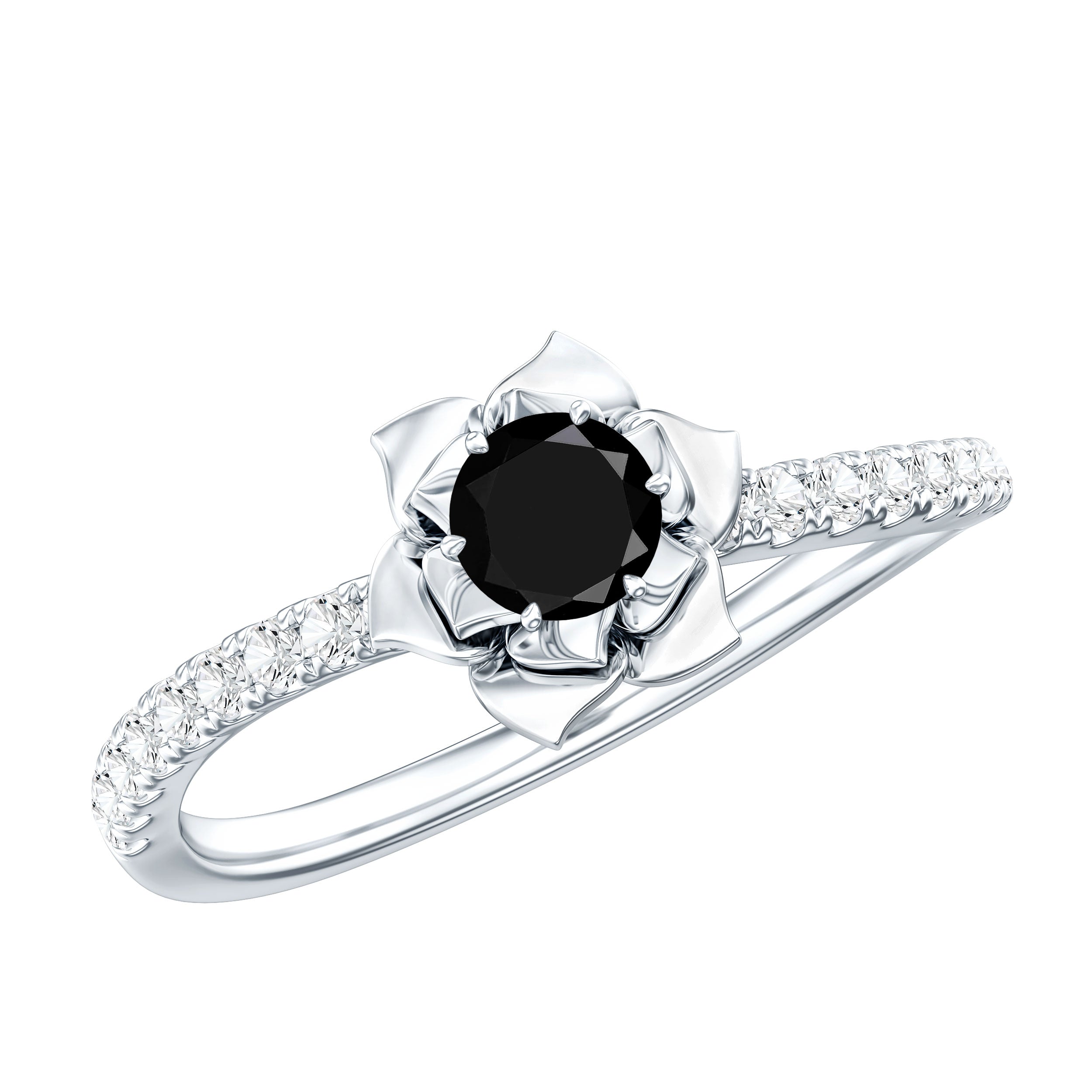 Certified Real Black Spinel Flower Engagement Ring with Diamond