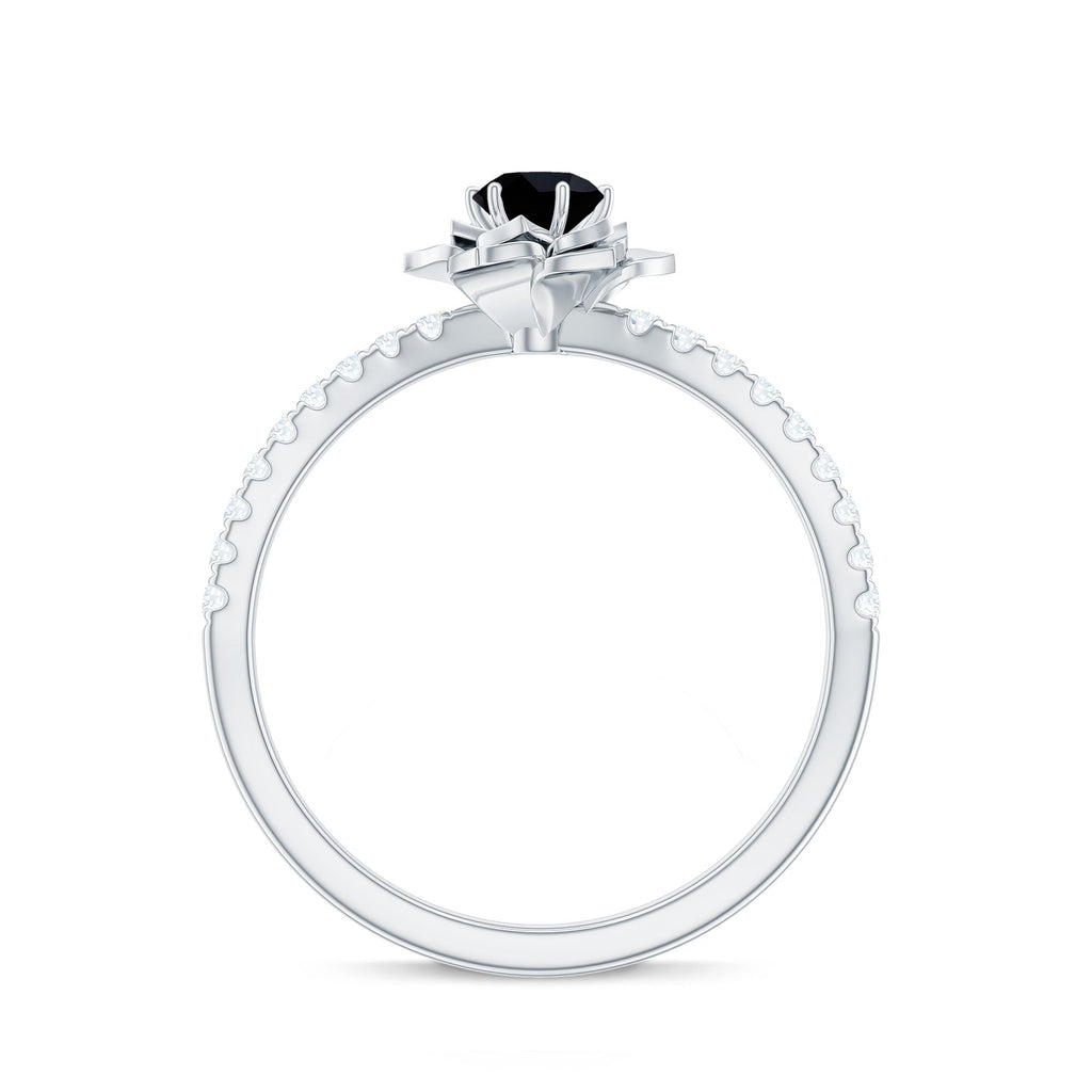 Certified Real Black Spinel Flower Engagement Ring with Diamond