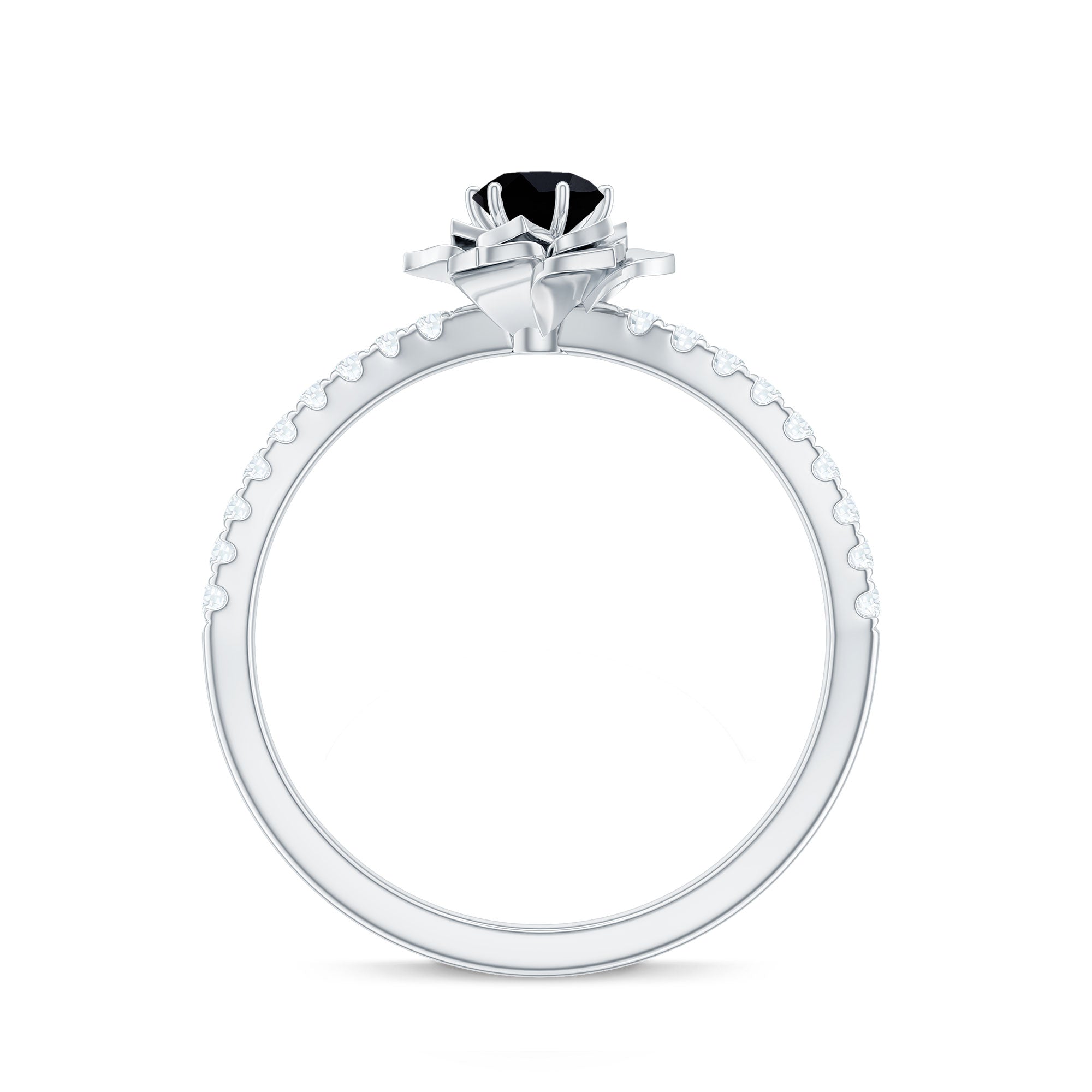 Certified Real Black Spinel Flower Engagement Ring with Diamond