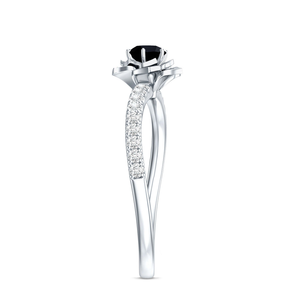 Certified Real Black Spinel Flower Engagement Ring with Diamond