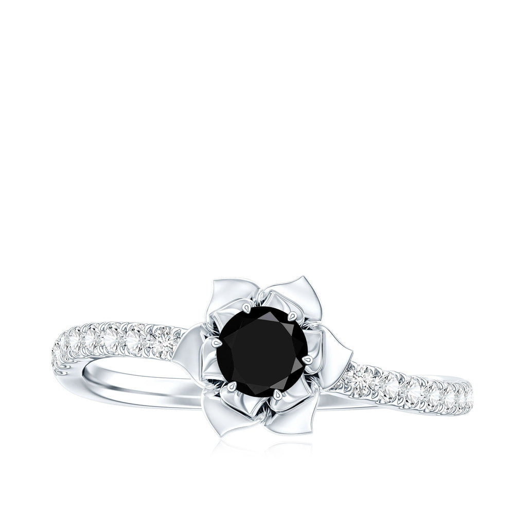 Certified Real Black Spinel Flower Engagement Ring with Diamond