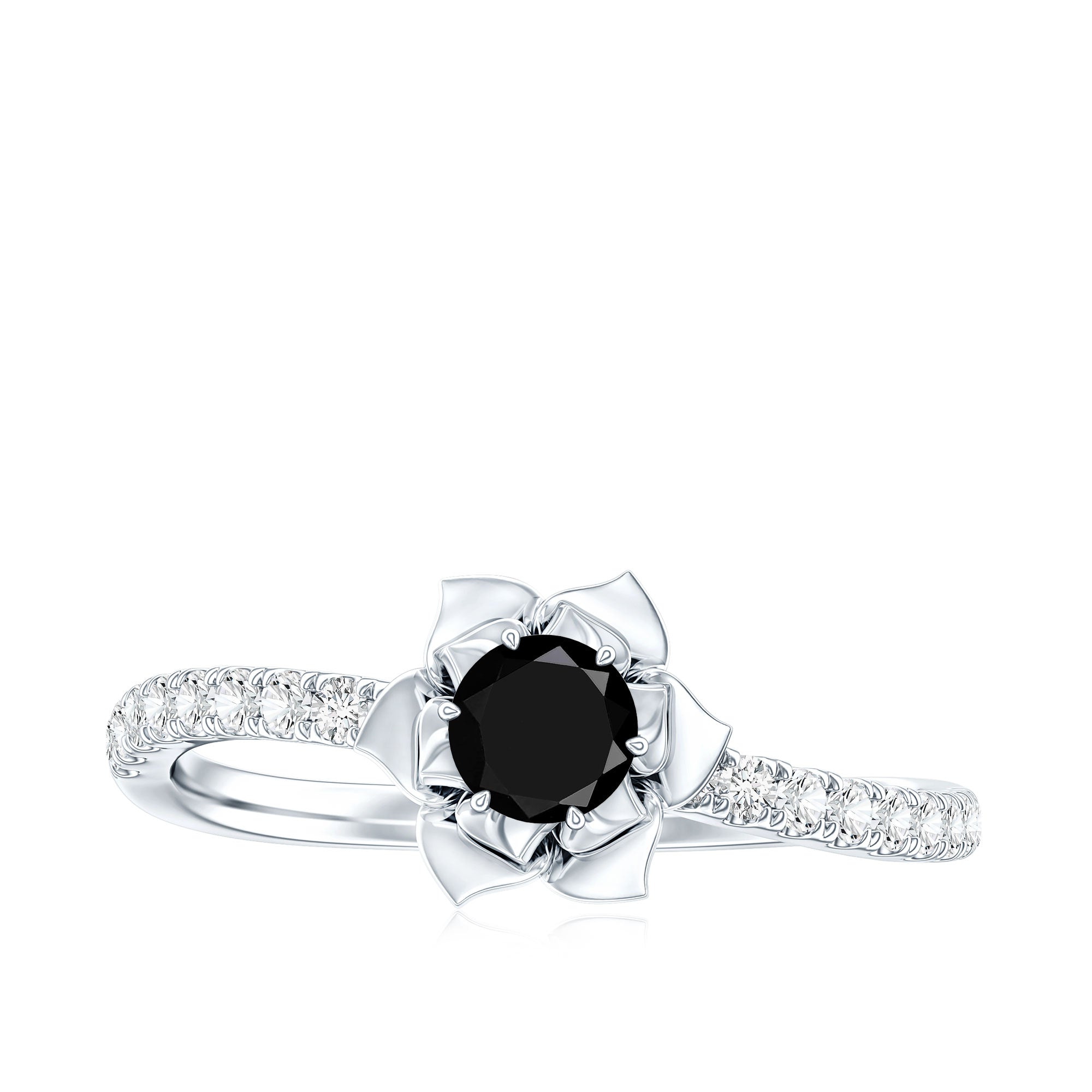 Certified Real Black Spinel Flower Engagement Ring with Diamond