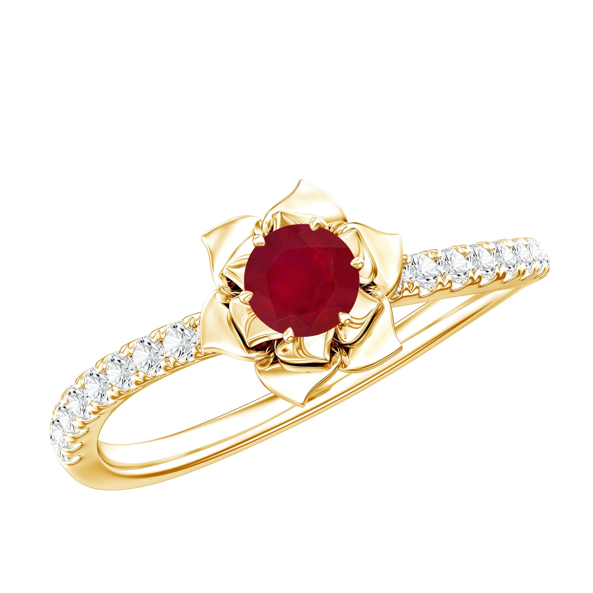 Natural 0.6 Carat Ruby Flower Engagement Ring with Diamond