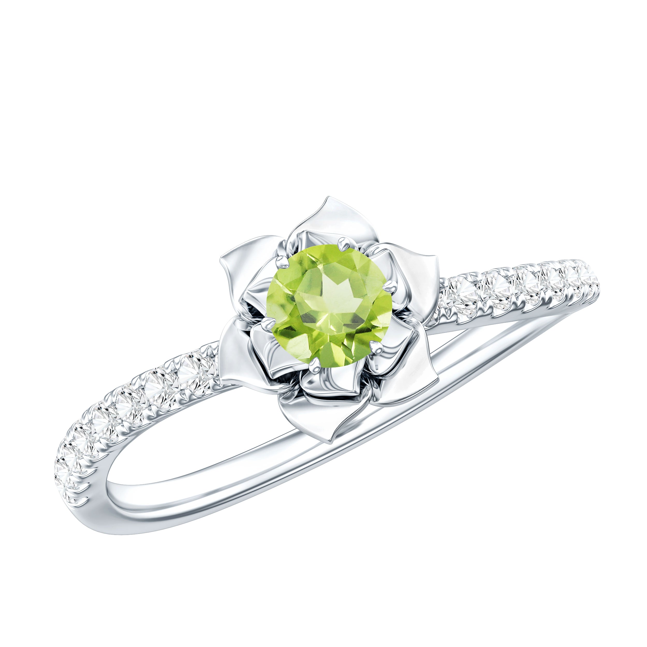 Nature Inspired Half Carat Peridot Flower Engagement Ring with Diamond