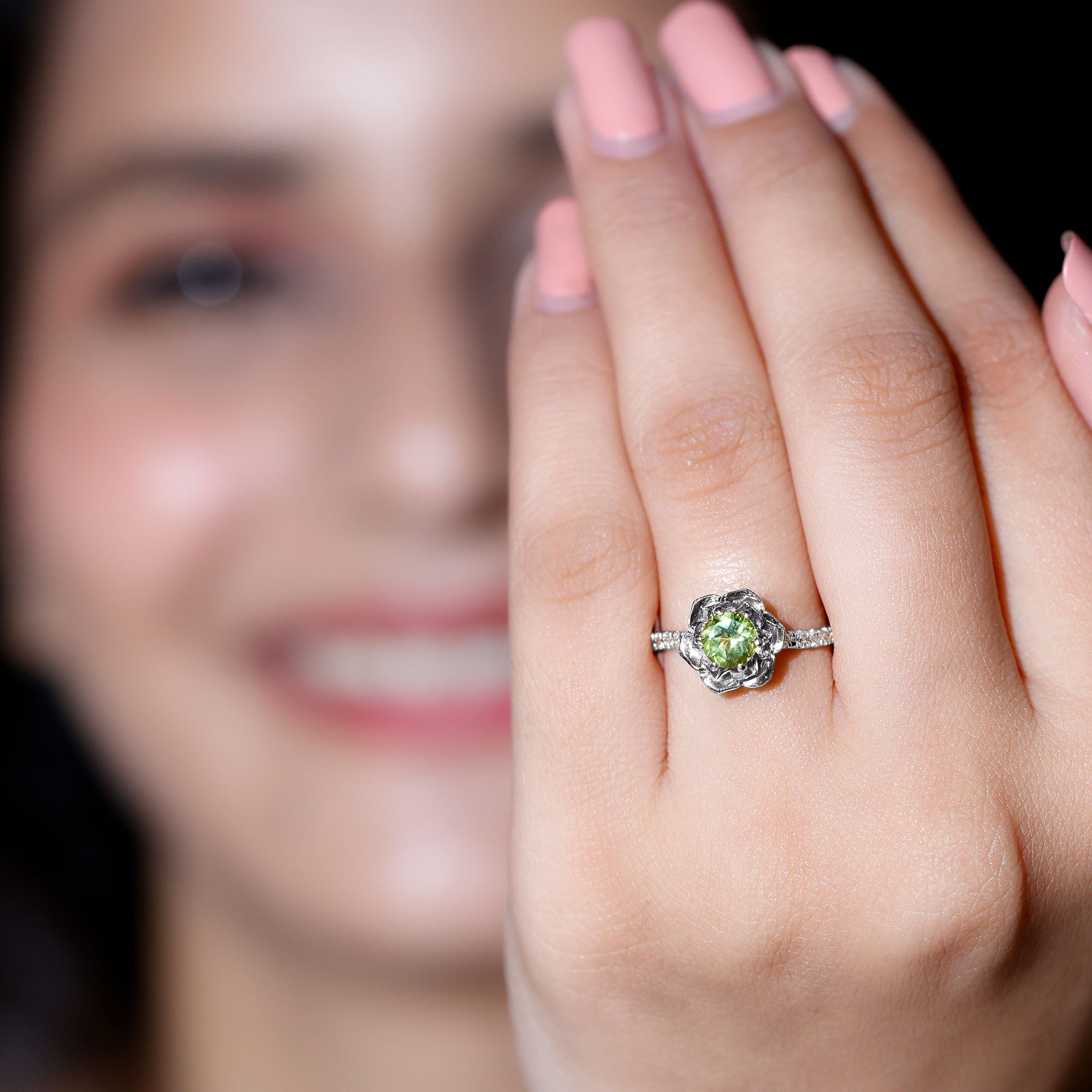 Nature Inspired Half Carat Peridot Flower Engagement Ring with Diamond