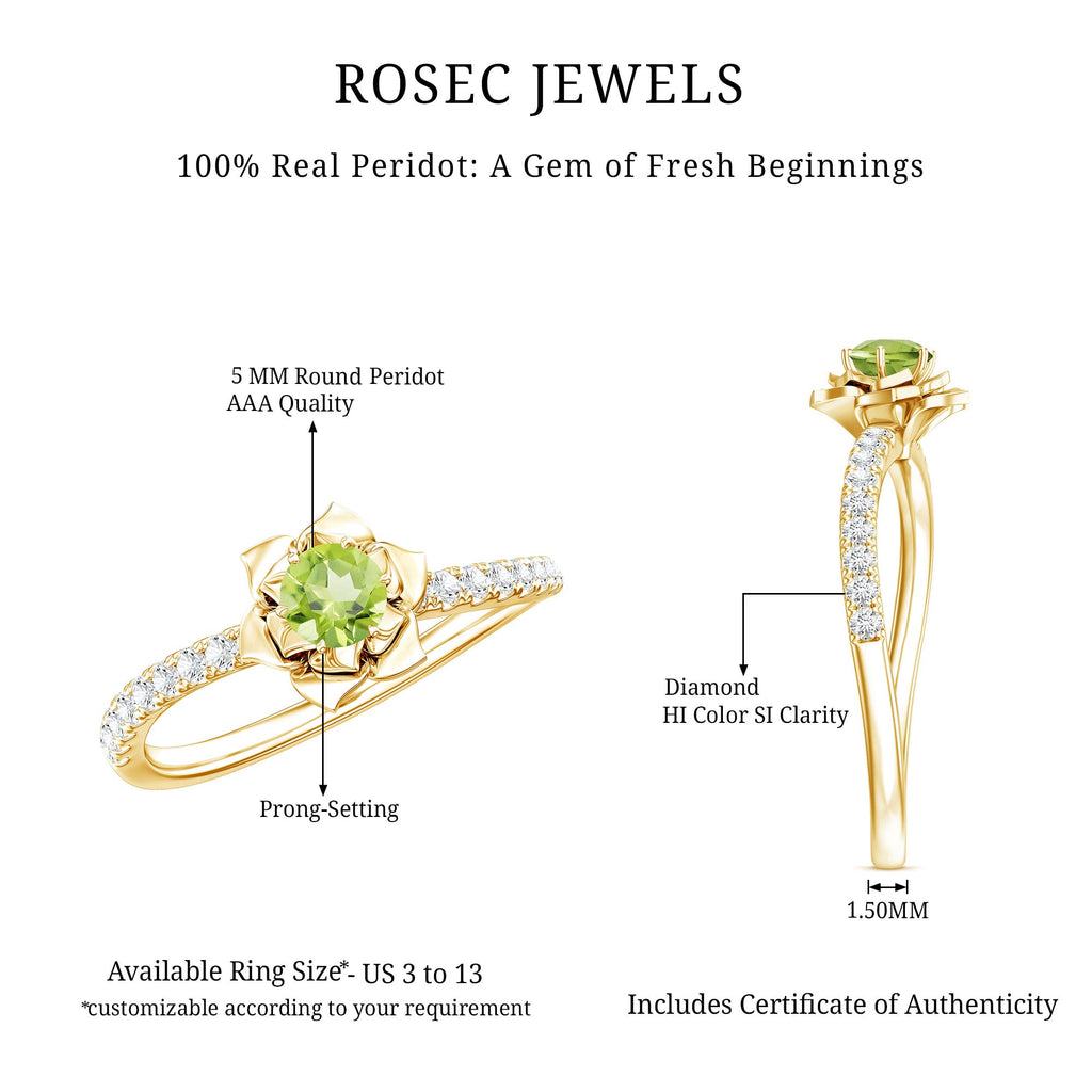 Nature Inspired Half Carat Peridot Flower Engagement Ring with Diamond